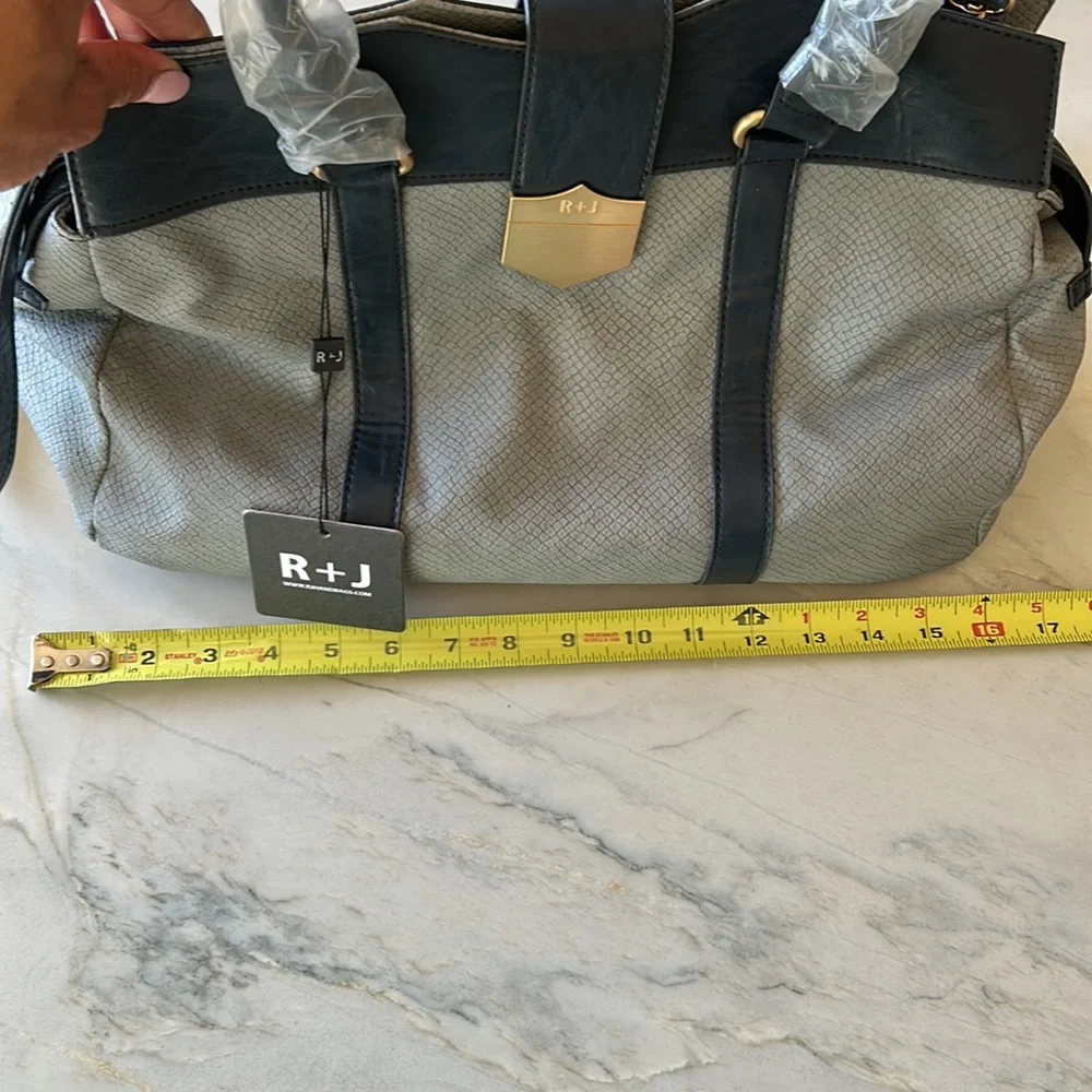 R+J Karalyn Grey Snakeskin Embossed Satchel Handbag‎ Navy Trim NWT HK-217-KAR